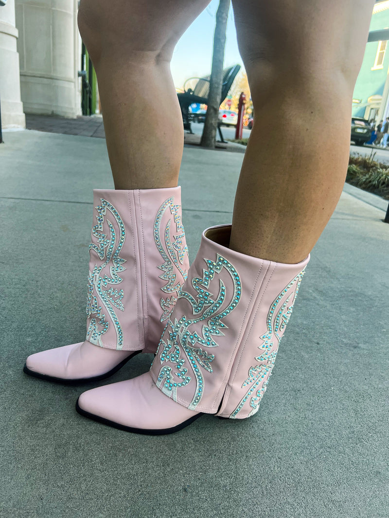 Pink Rhinestone Cuff Boots