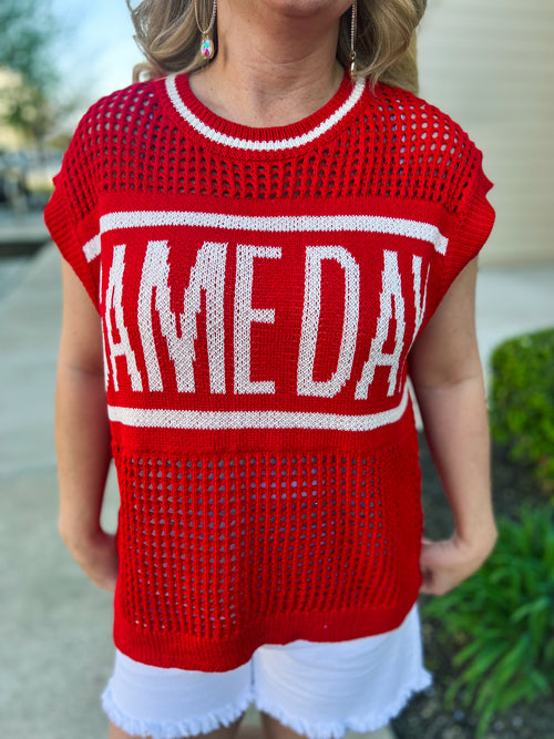 Red Gameday Crochet Sweater