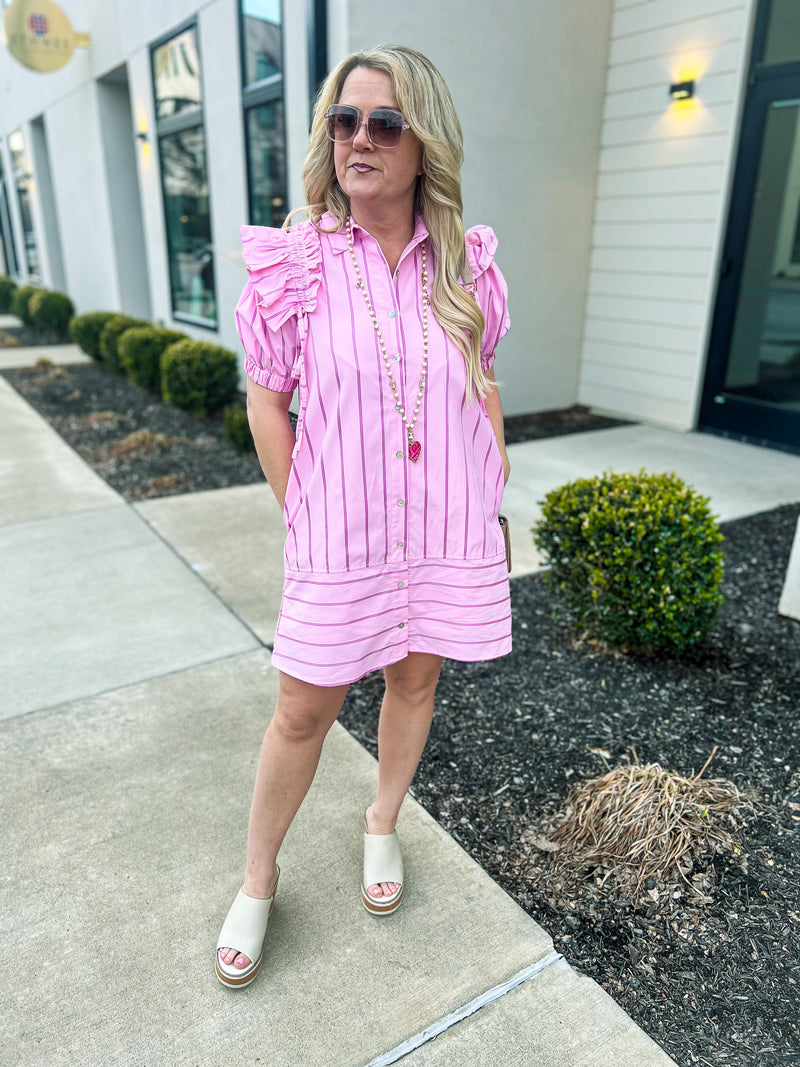 Pink Pinstripe Ruffle Dress