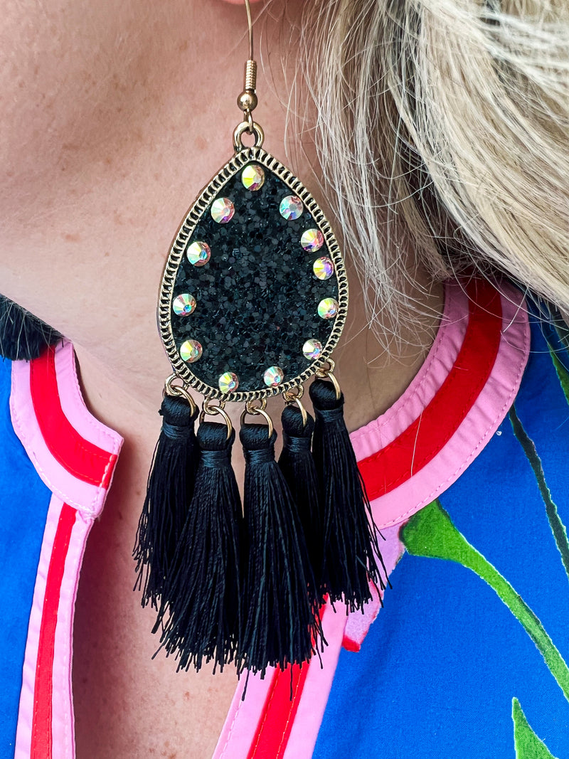 Black Rhinestone Fringe Earrings