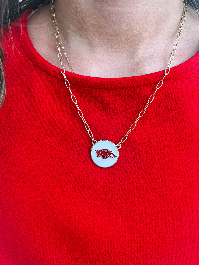 Arkansas Razorbacks Pendant Necklace-White