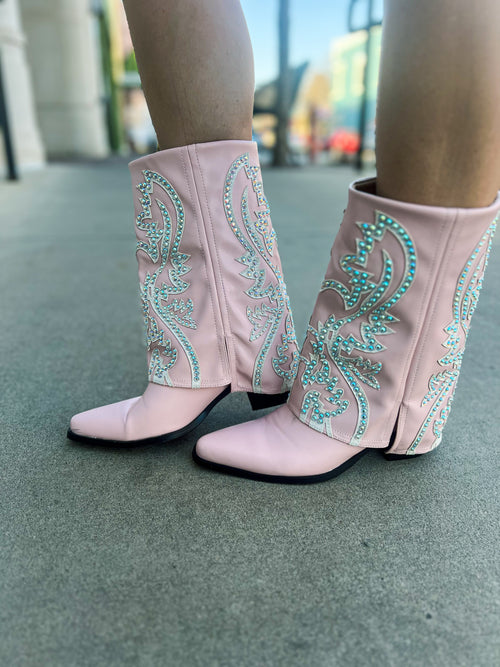 Pink Rhinestone Cuff Boots