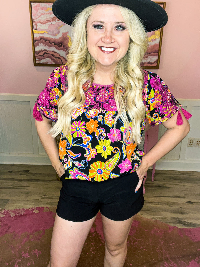 Black Embroidered Floral Top