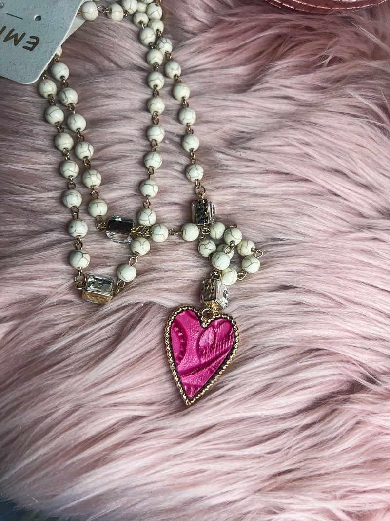 Creme Beaded Heart Necklace