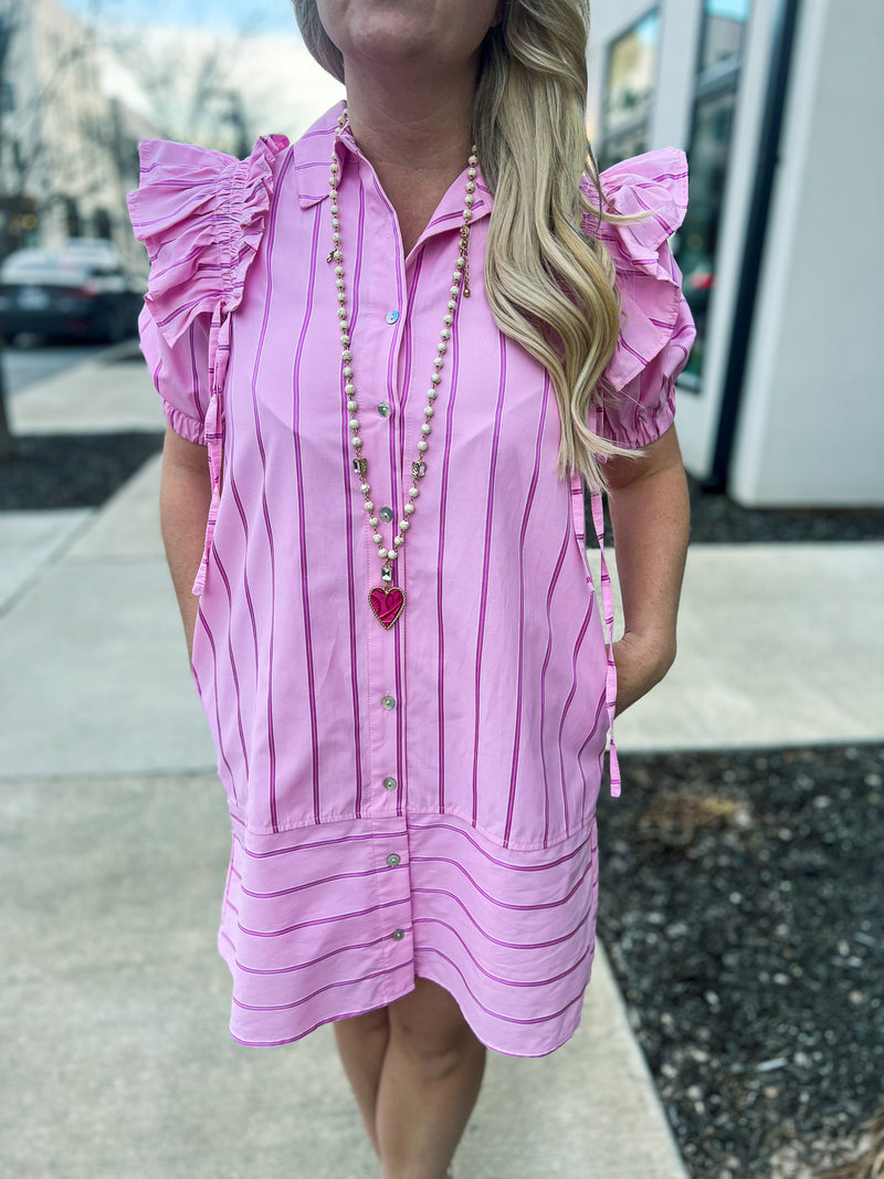 Pink Pinstripe Ruffle Dress