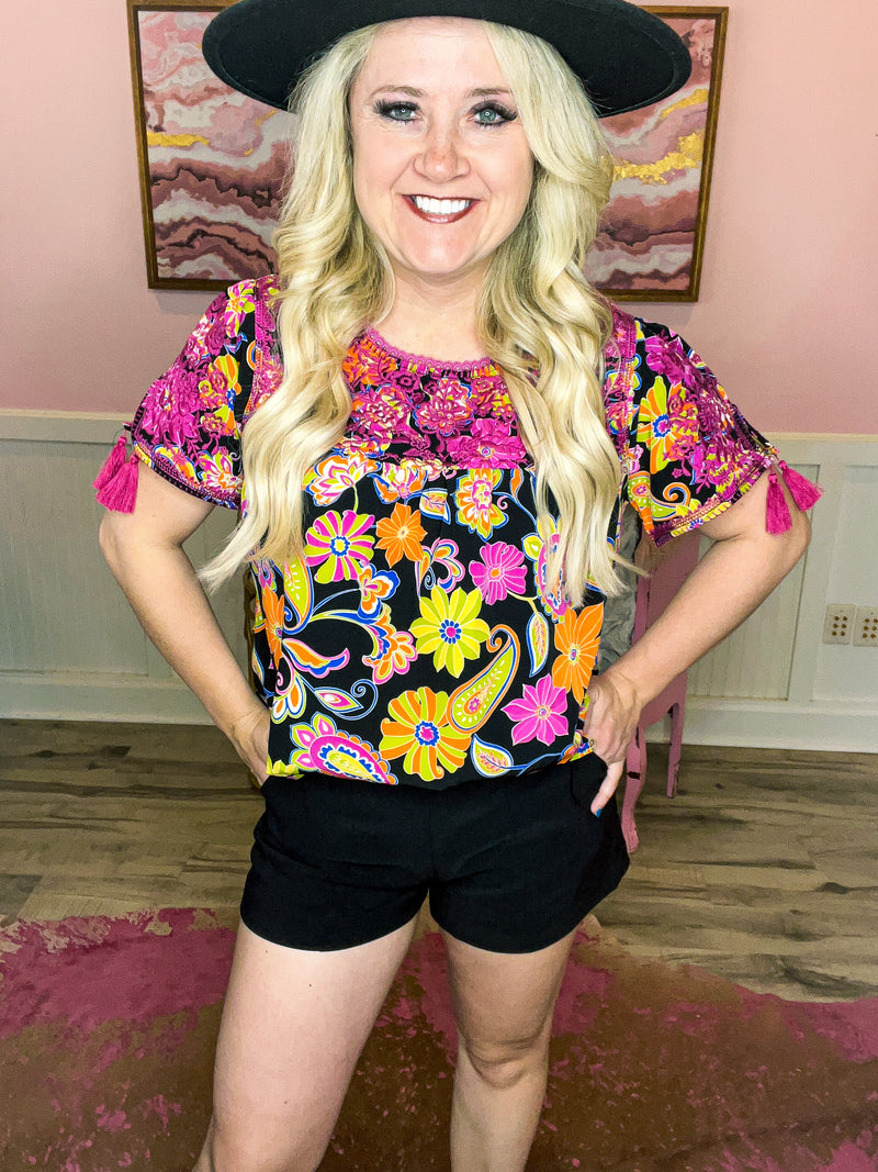 Black Embroidered Floral Top