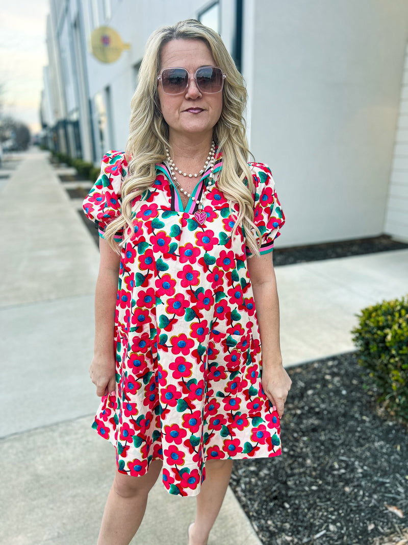 Multicolored Band Floral Entro Dress
