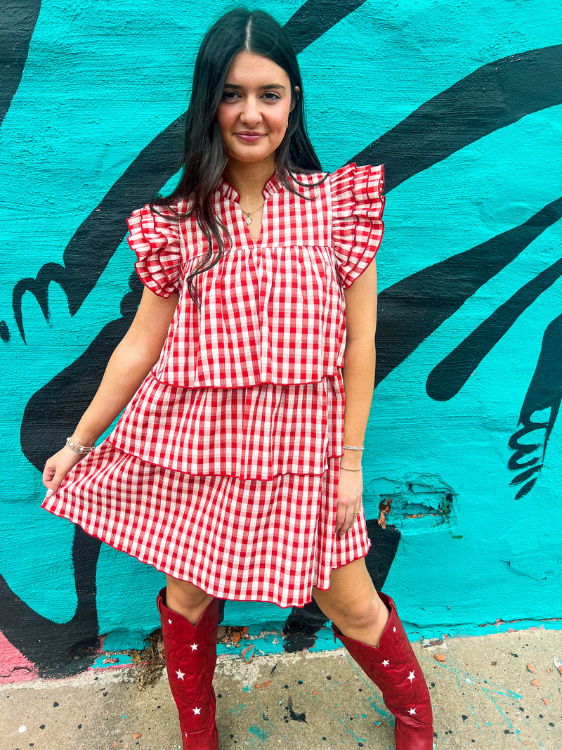 Red Gingham Tiered Ruffle Dress