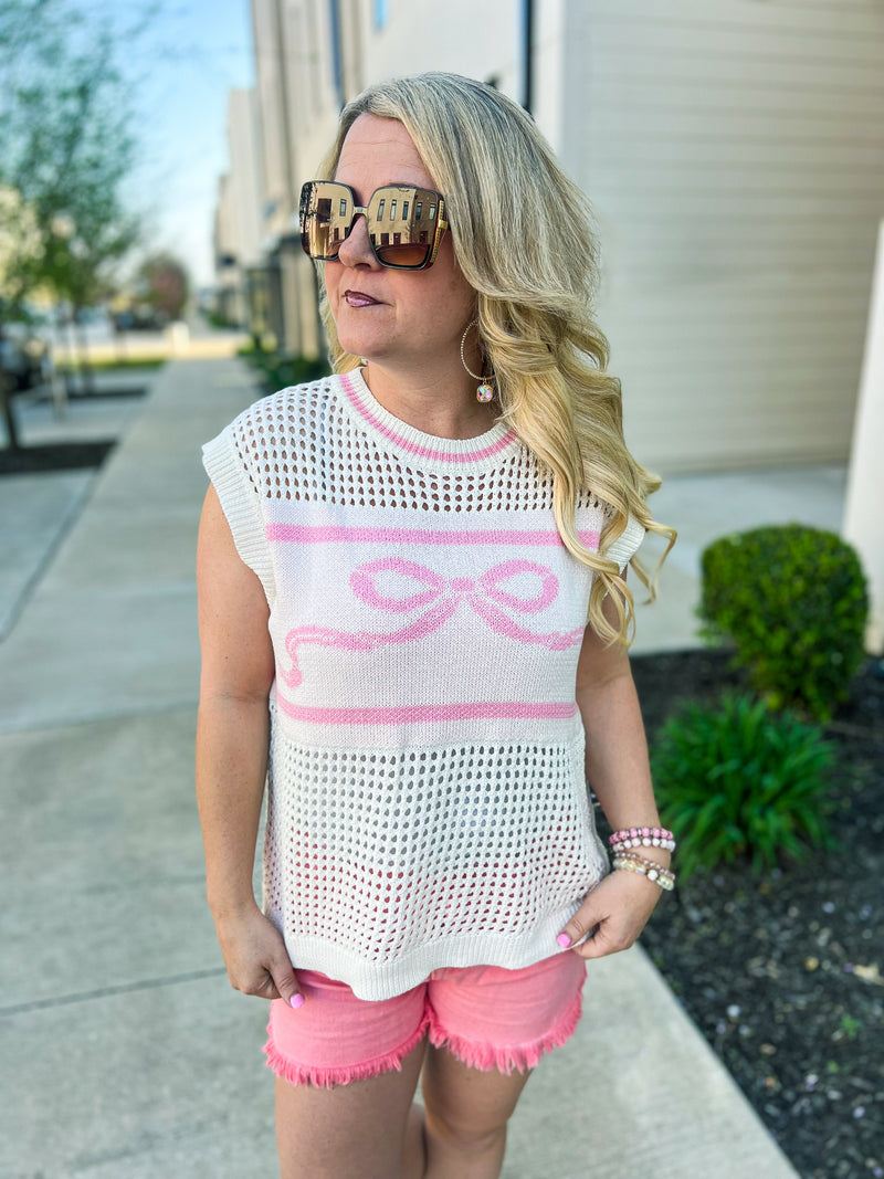Pink Bow Crochet Sweater
