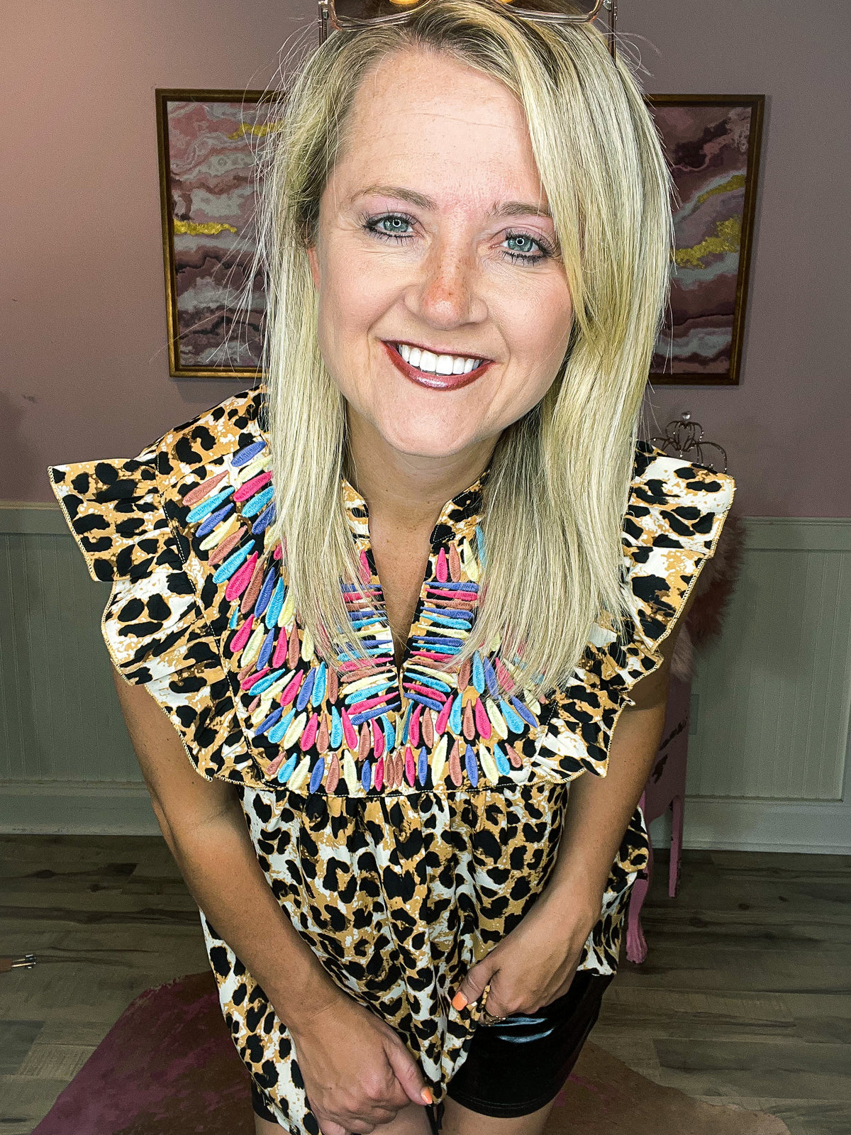 Leopard Print Embroidered Top