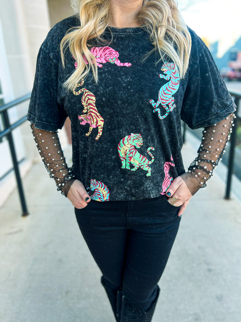 Beaded Mesh Top-Black
