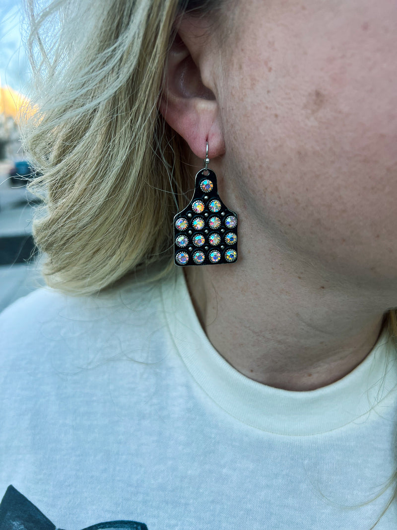 Black Cowtag Rhinestone Earrings
