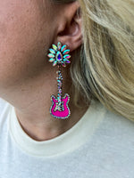 Pink Rhinestone Guitar Earrings