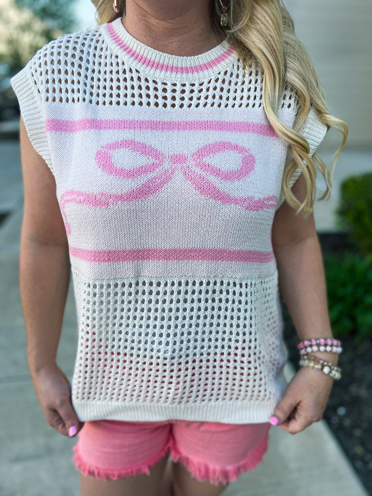 Pink Bow Crochet Sweater