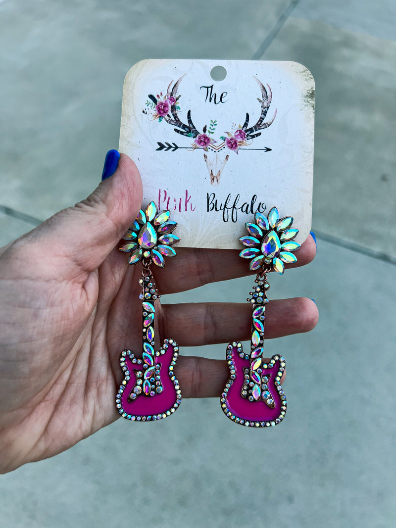 Pink Rhinestone Guitar Earrings