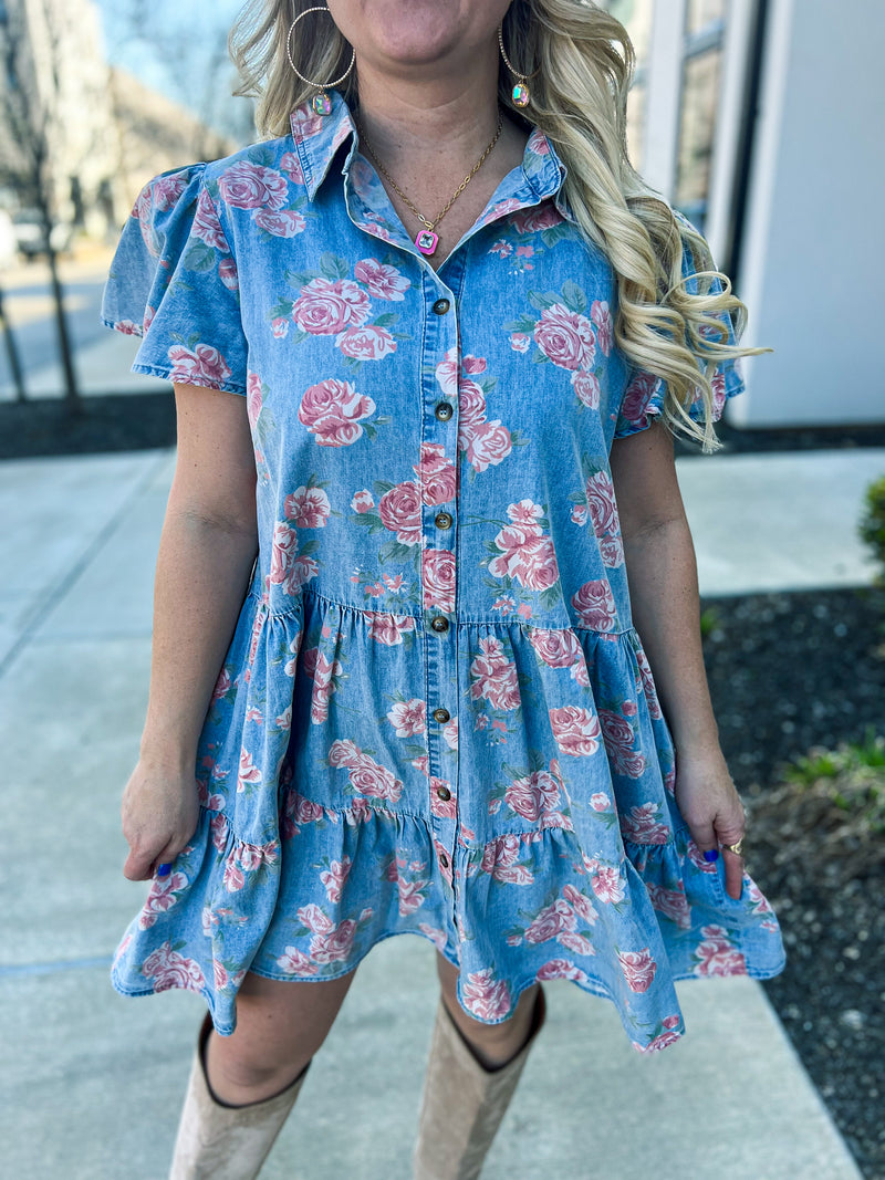 Floral Print Denim Dress