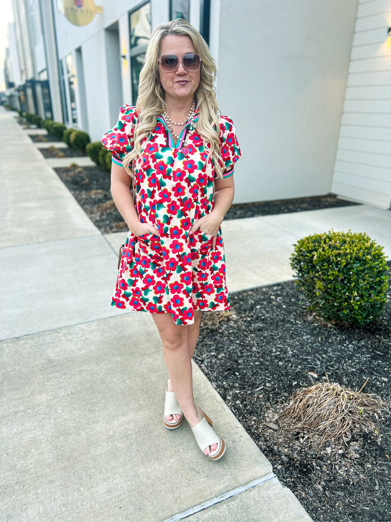 Multicolored Band Floral Entro Dress