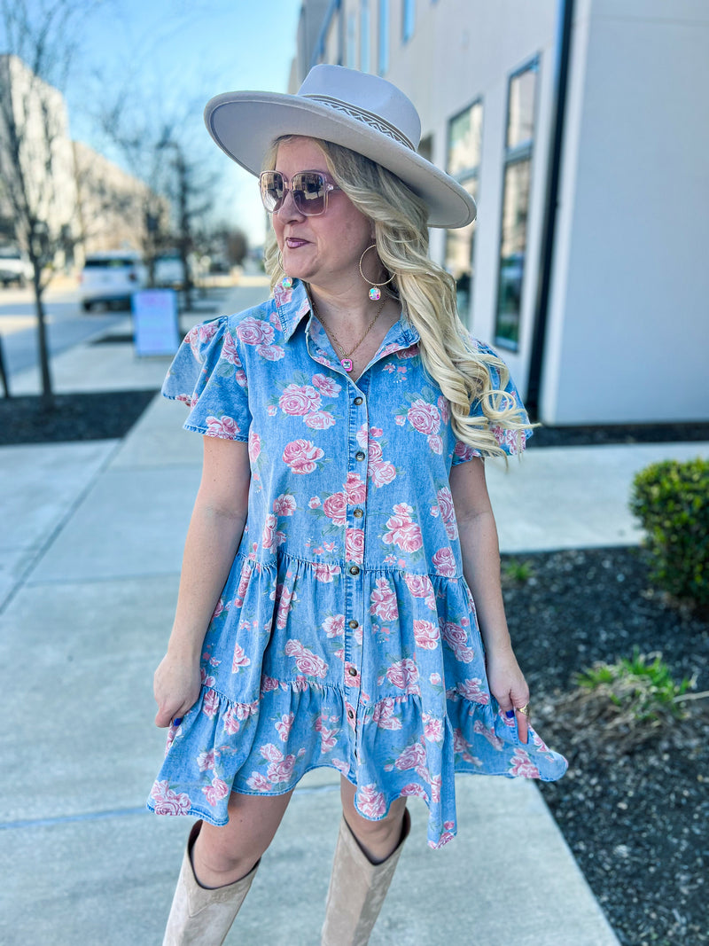 Floral Print Denim Dress