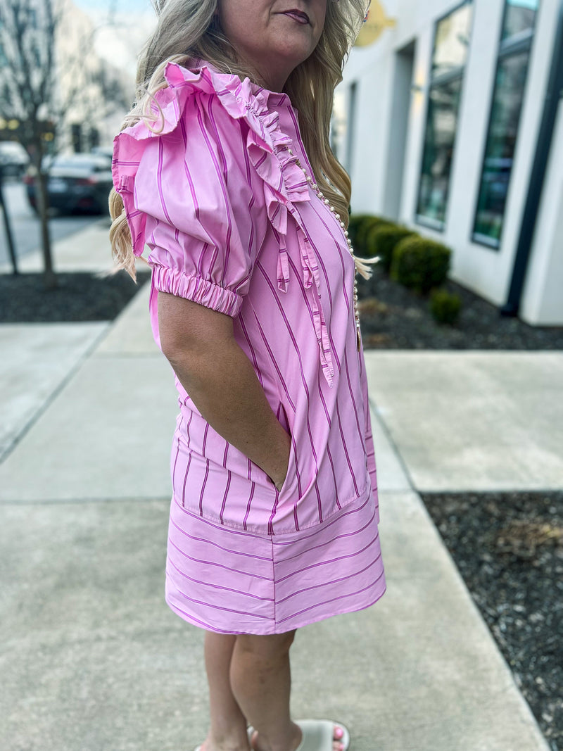 Pink Pinstripe Ruffle Dress