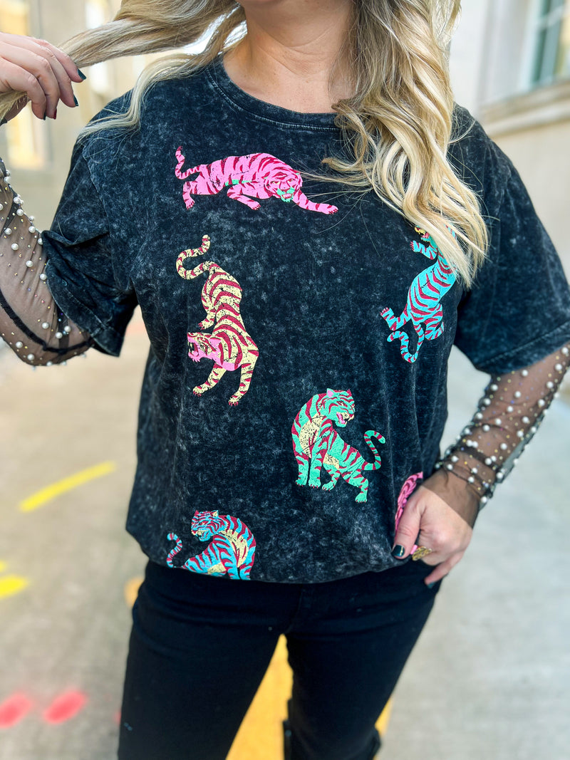 Beaded Mesh Top-Black