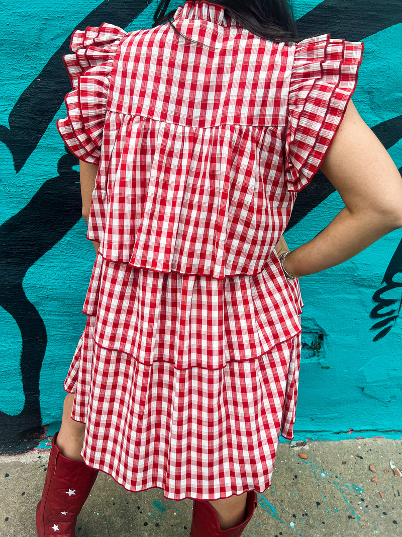 Red Gingham Tiered Ruffle Dress