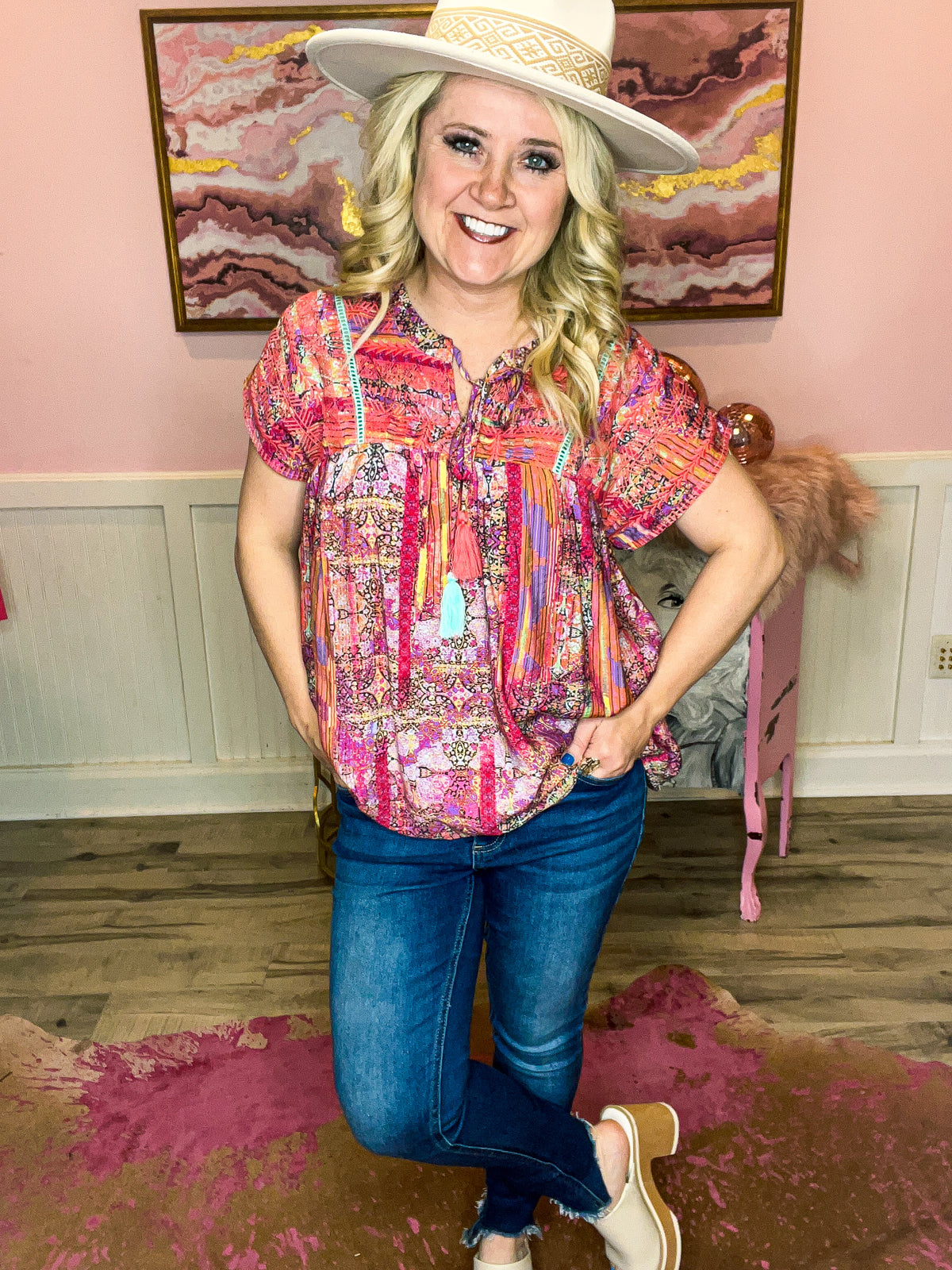 Pink & Coral Embroidered Top