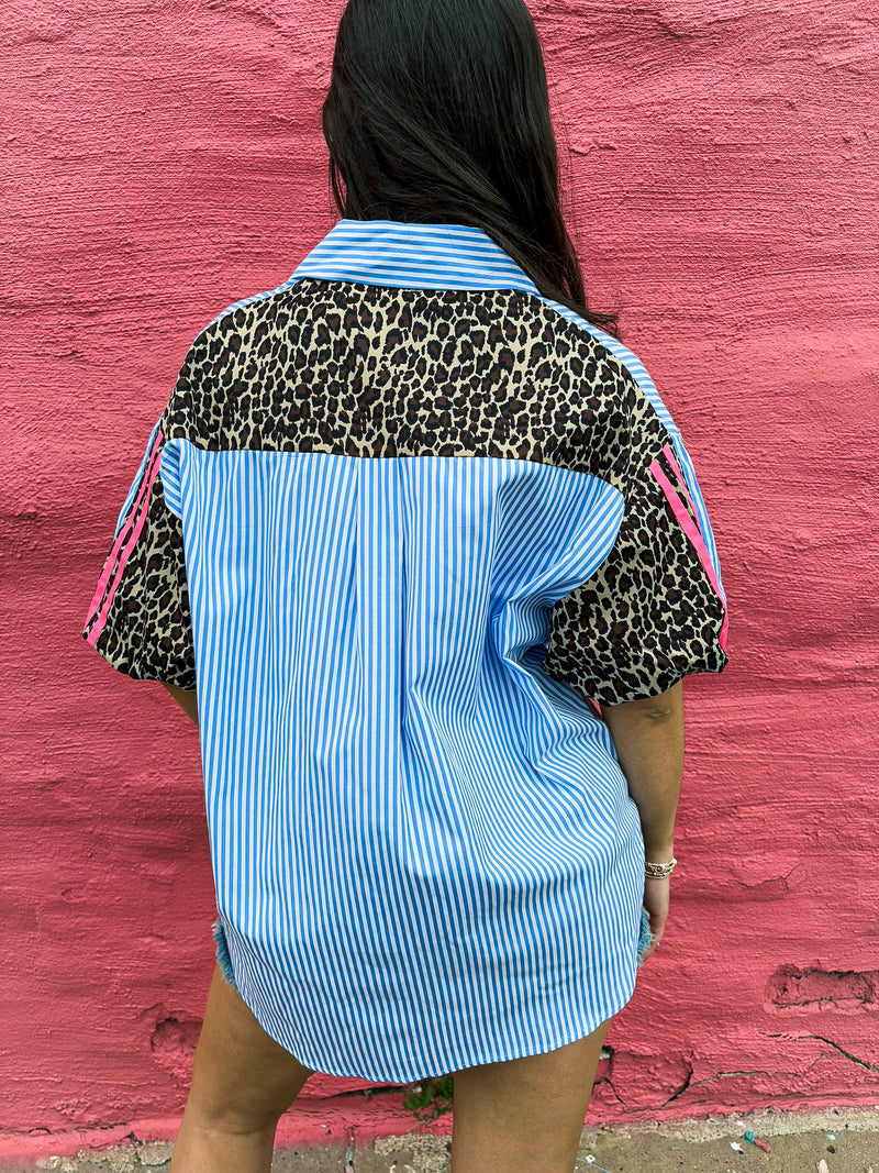 Striped Chambray Leopard Top