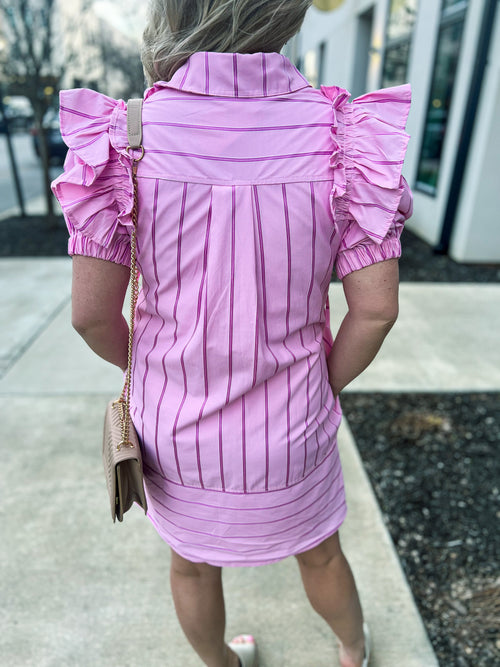 Pink Pinstripe Ruffle Dress