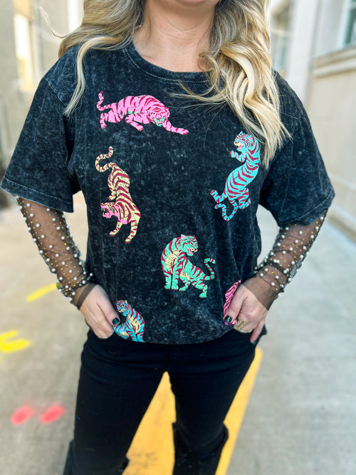 Beaded Mesh Top-Black