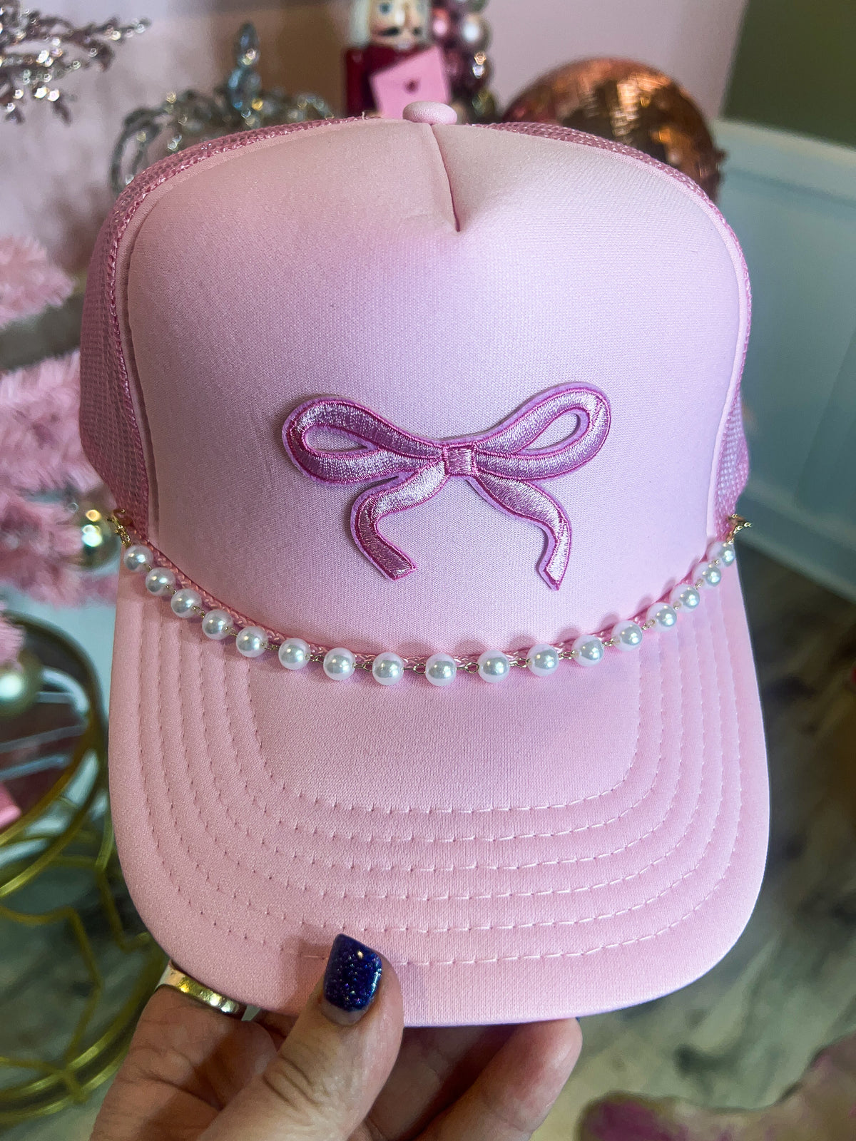 Pink Bow Trucker Cap with Chain