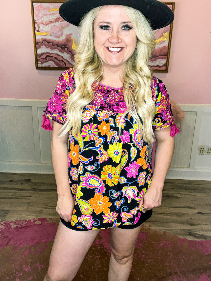 Black Embroidered Floral Top