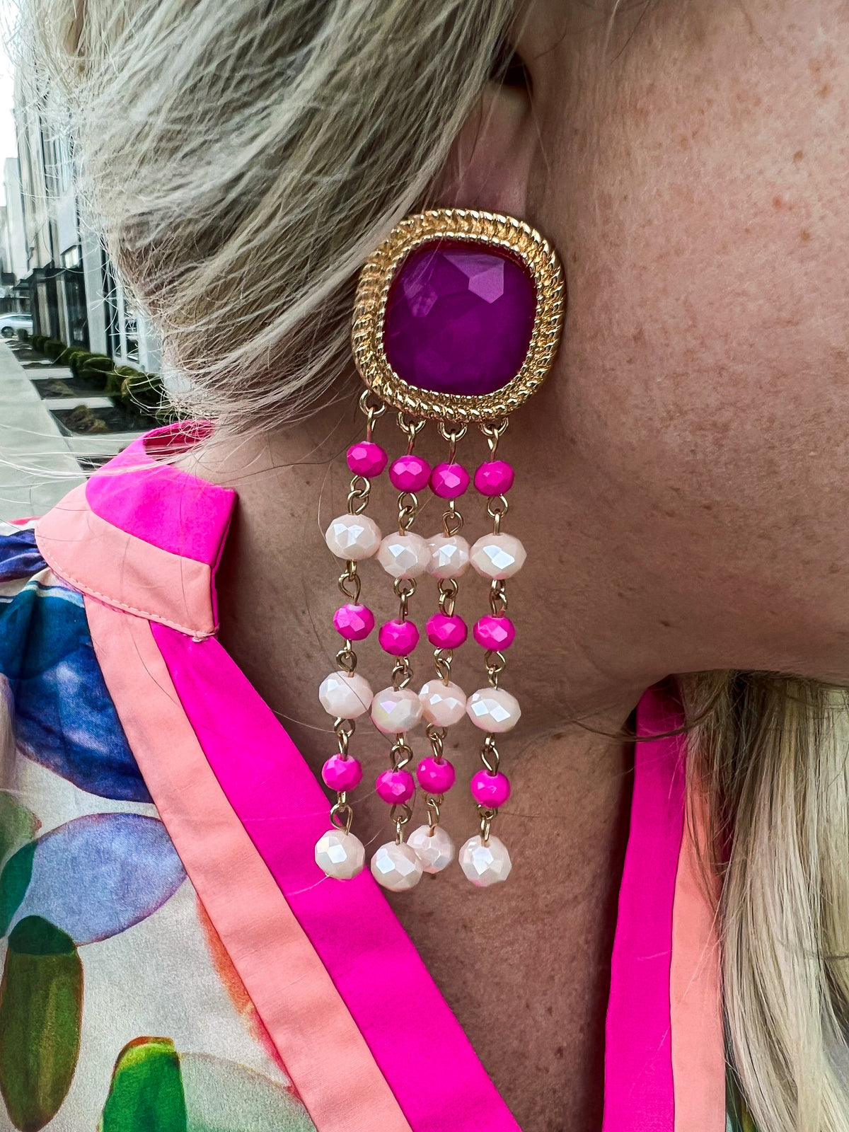 Pink Dangle Beaded Earrings