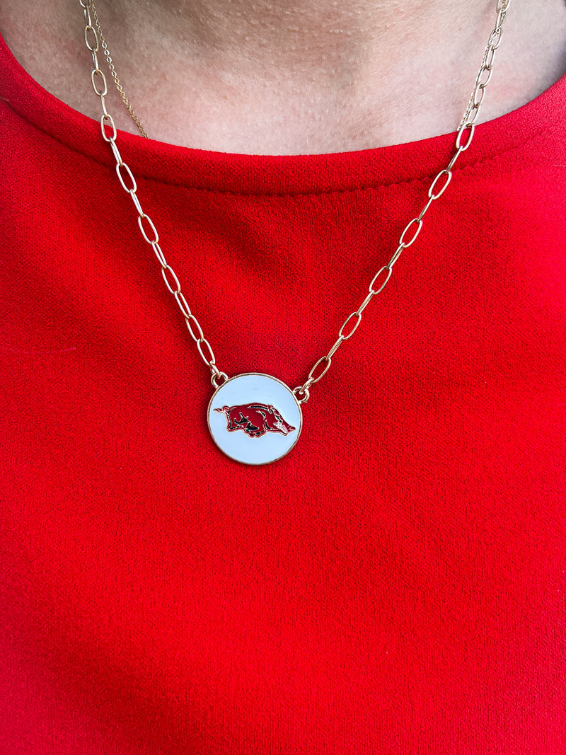 Arkansas Razorbacks Pendant Necklace-White
