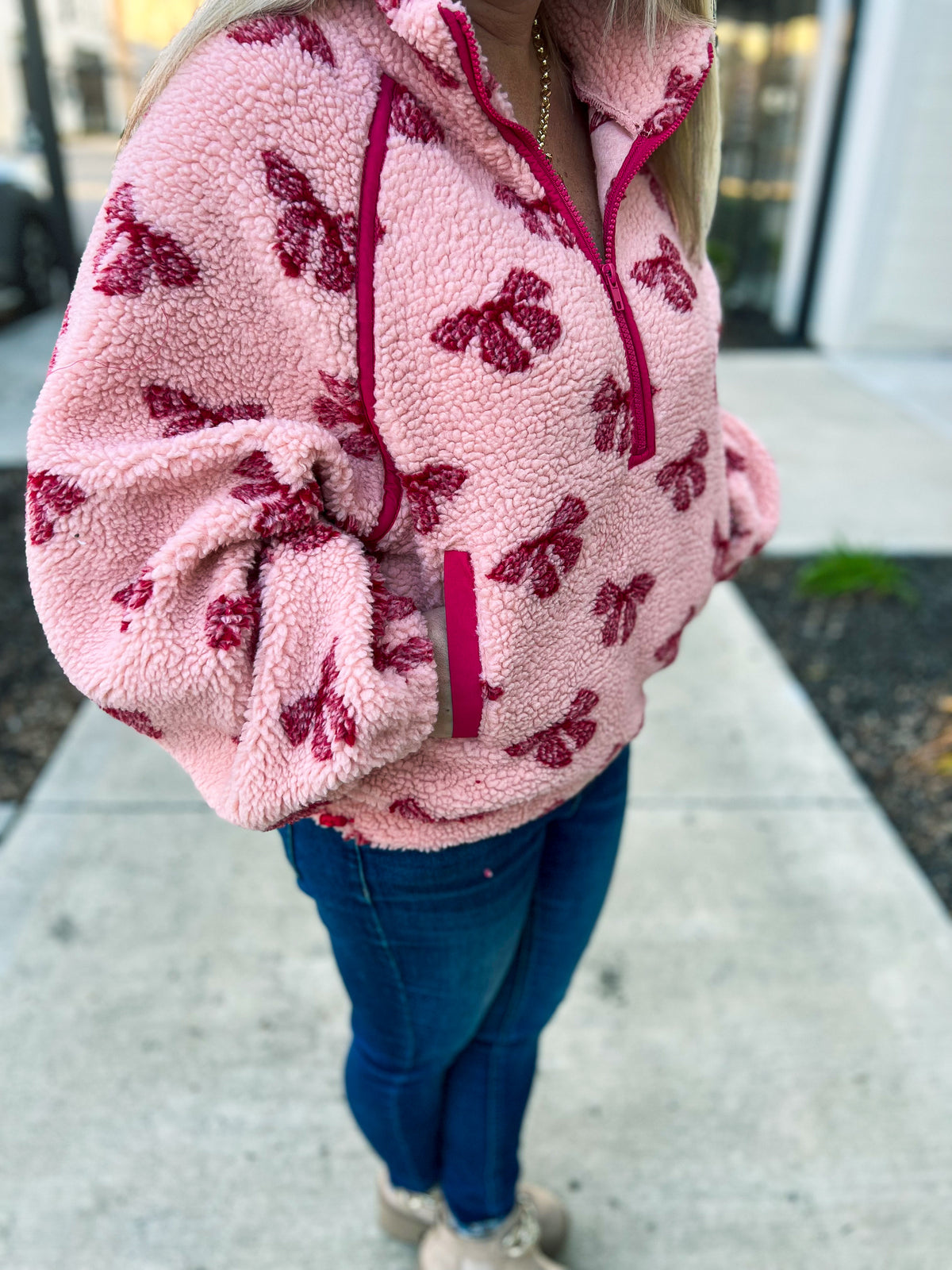 Pink Bow Sherpa Pullover