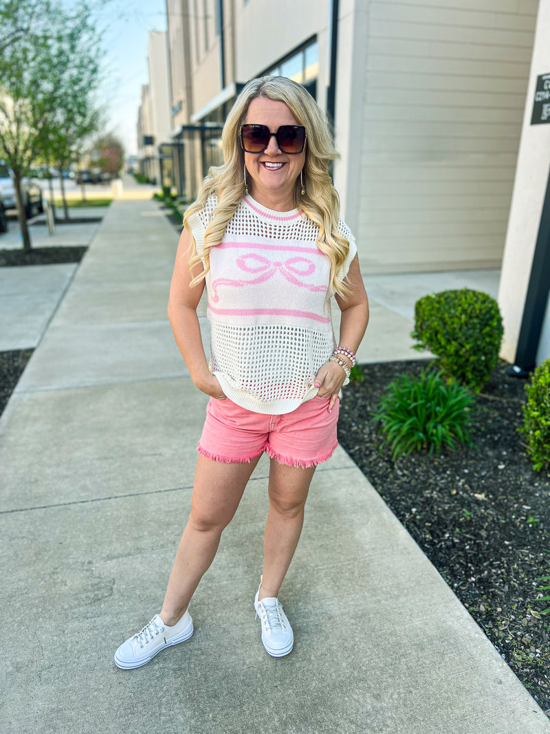 Pink Bow Crochet Sweater