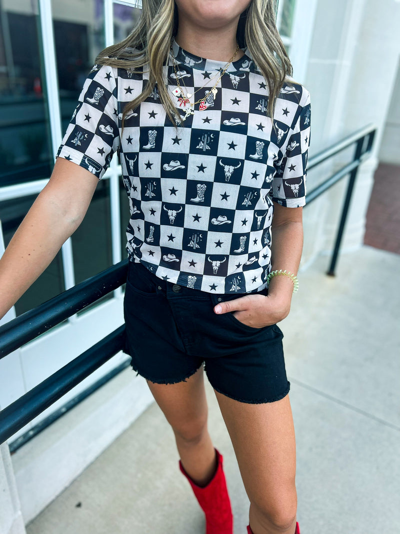 Black Cowboy Mesh Top