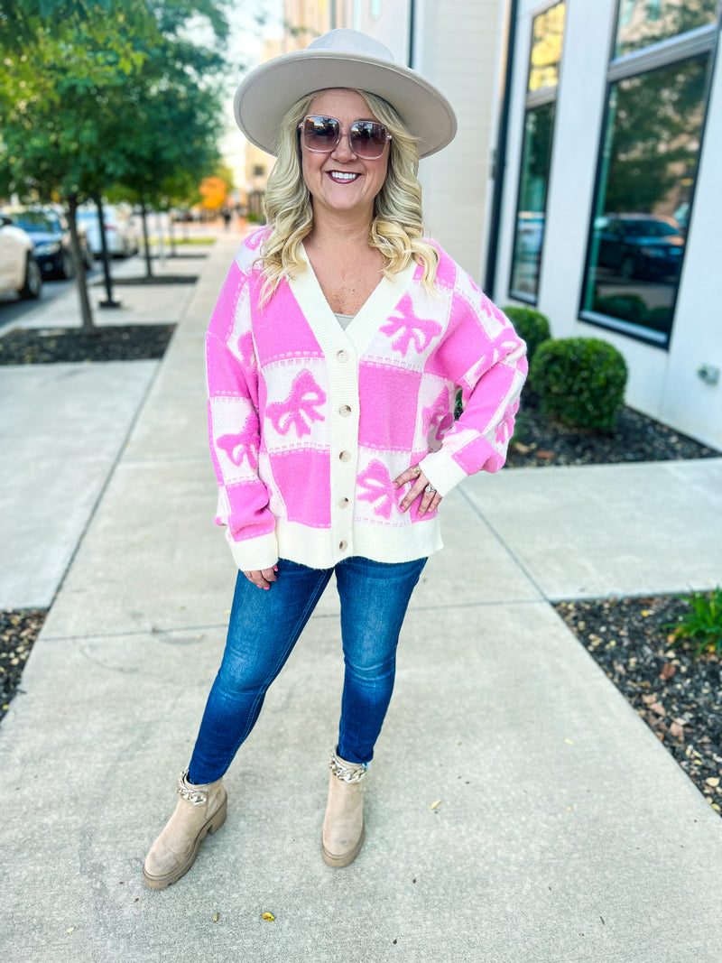 Check Bow Cardigan-Peach Love