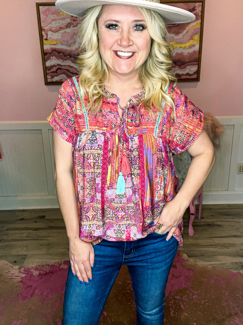 Pink & Coral Embroidered Top