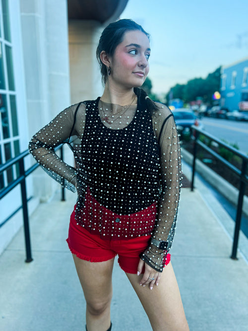 Black Rhinestone Pearl Top