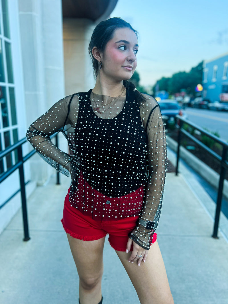 Black Rhinestone Pearl Top