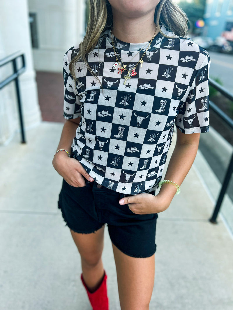 Black Cowboy Mesh Top