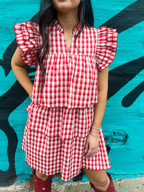 Red Gingham Tiered Ruffle Dress