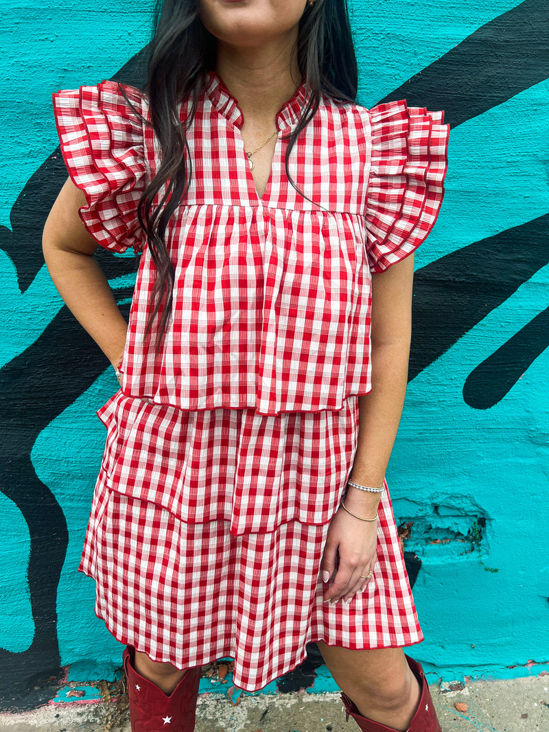 Red Gingham Tiered Ruffle Dress