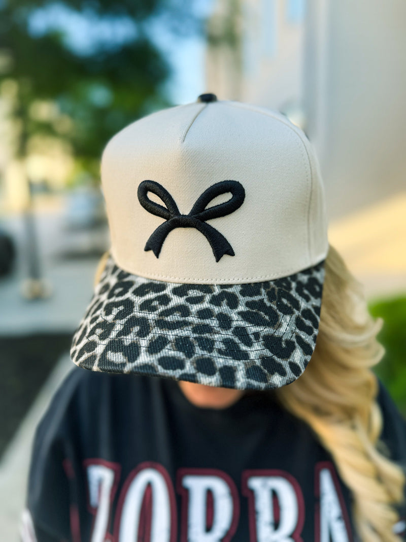 Black Leopard Embroidered Bow Cap