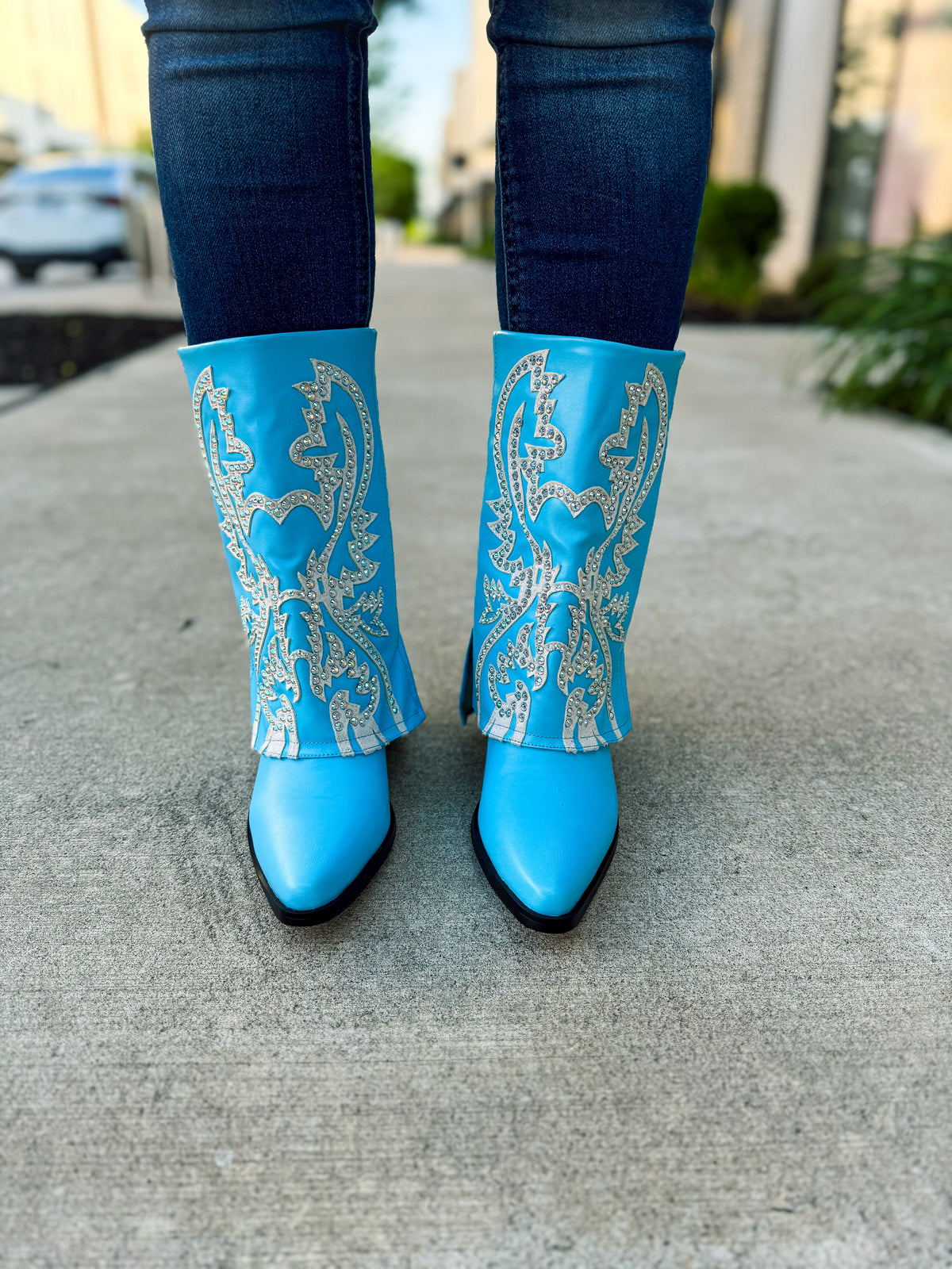 Blue Rhinestone Cuff Boots