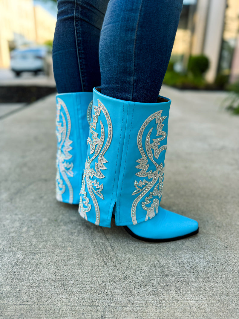 Blue Rhinestone Cuff Boots