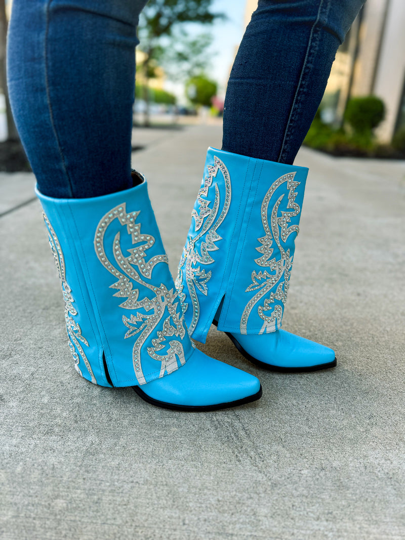 Blue Rhinestone Cuff Boots