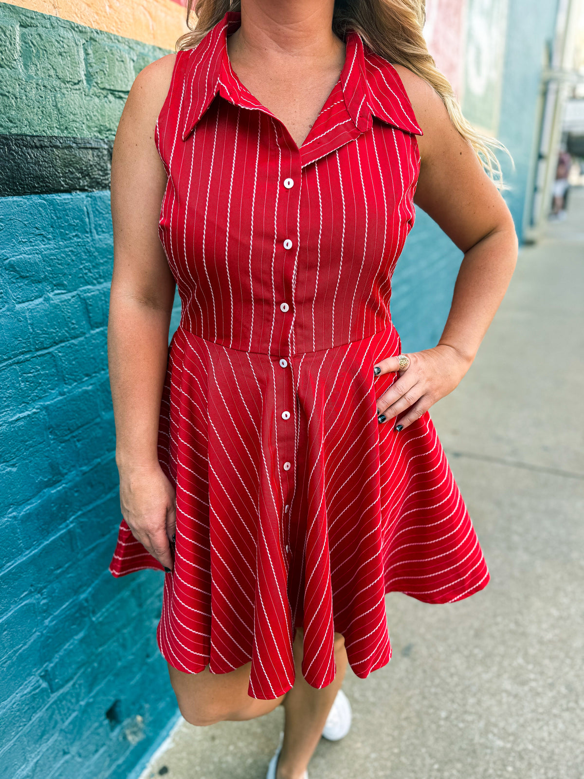 Red Striped Button Down Dress