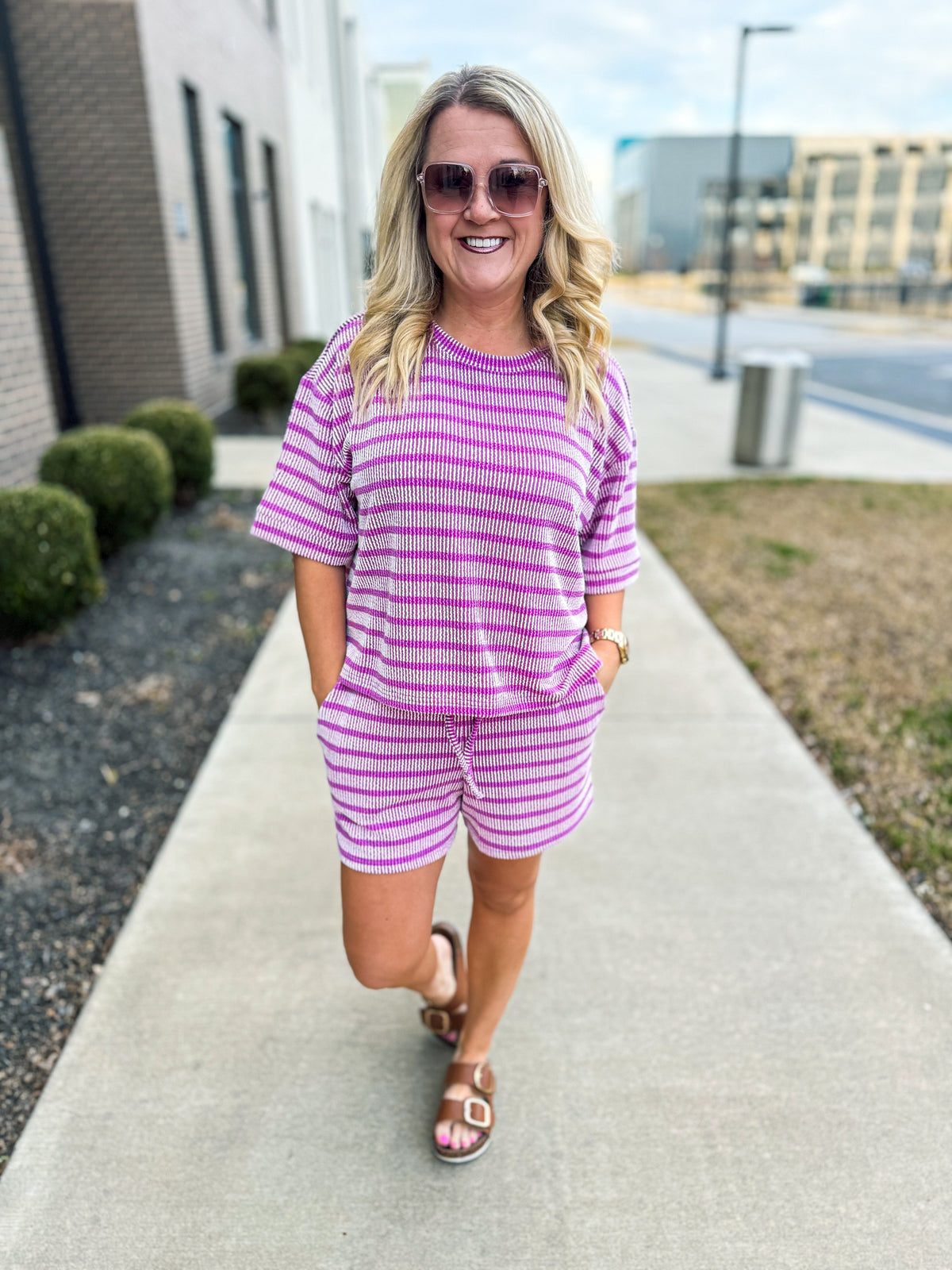 Ribbed Striped Shorts Set-Purple