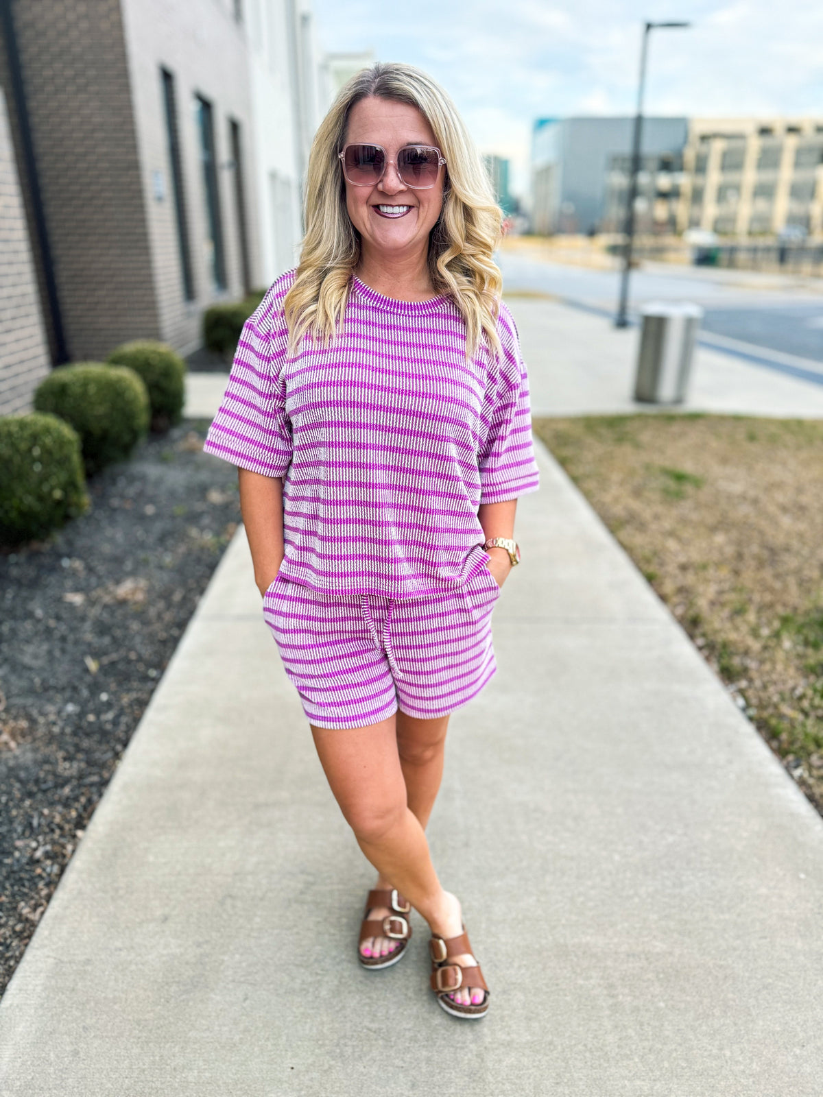 Ribbed Striped Shorts Set-Purple